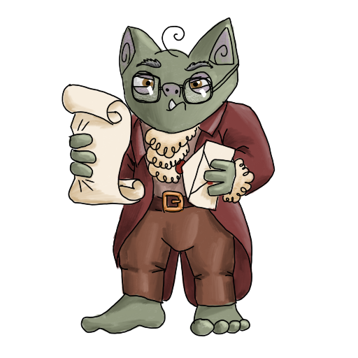 a old-timey goblin squinting through glasses at a paper