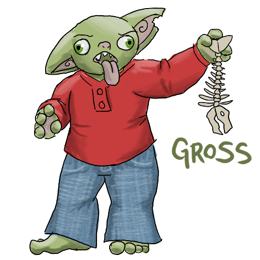 a goblin in a red shirt and jeans, tongue sticking out, holding a skeletonized fish, captioned 'gross'