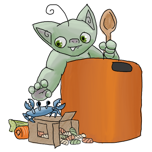 a goblin sitting in a large copper pot, reaching for a stack of ingredients nearby