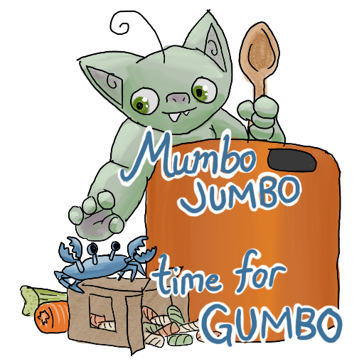 a goblin sitting in a large copper pot, reaching for a stack of ingredients nearby, captioned 'Mumbo Jumbo time for Gumbo'