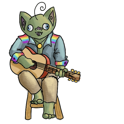 a goblin with a guitar, chilling and strumming