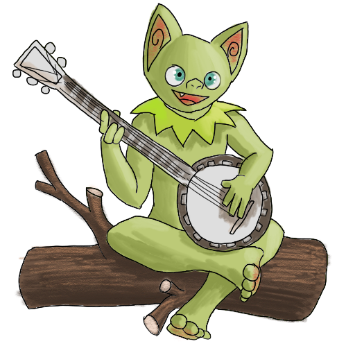 a goblin on a log, playing the banjo left-handed