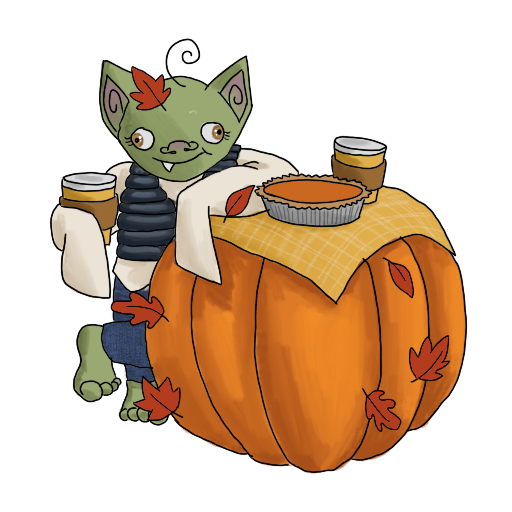 a goblin holding a latte, leaning on a pumpkin