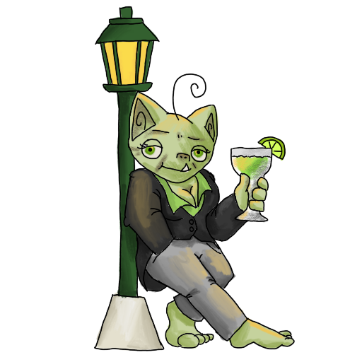 a goblin with a margarita, leaning on a lamp post