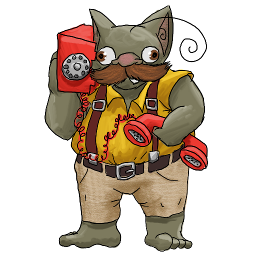 a goblin with a large mustache, holding a rotary phone with the brick to his ear and the handset under his arm