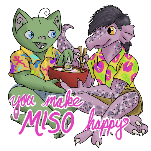 a goblin and a kobold, sharing soup, with 'You Make MISO Happy' captioned on.