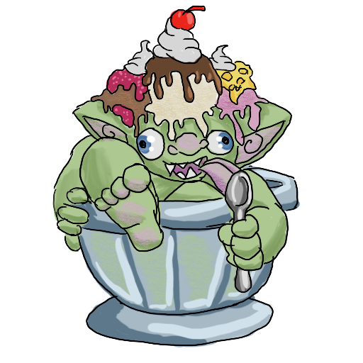 a goblin licking a spoon, covered in ice cream, and sitting in a large dish