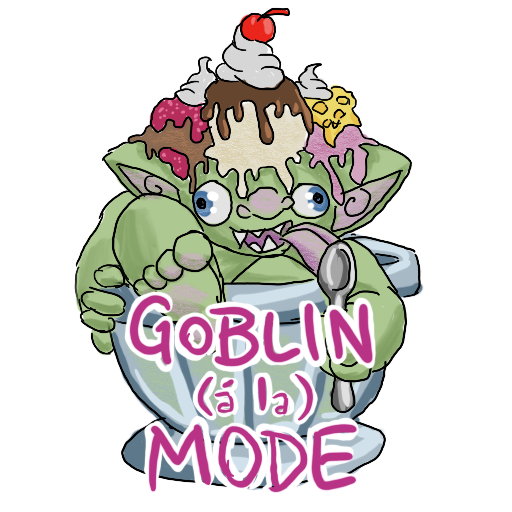 a goblin licking a spoon, covered in ice cream, and sitting in a large dish, captioned 'Goblin (a la) Mode'