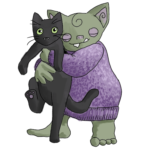 a goblin hugging a black cat