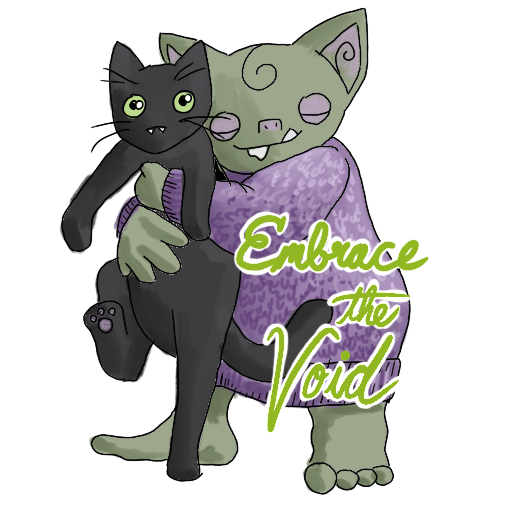 a goblin hugging a black cat, with 'EMBRACE THE VOID' captioned on.