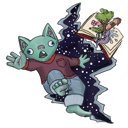 a goblin and a very magical book falling into a starry fissure