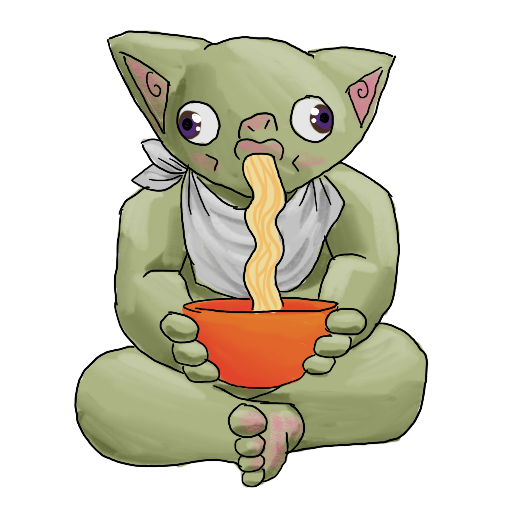 a goblin slurping noodles from a bowl