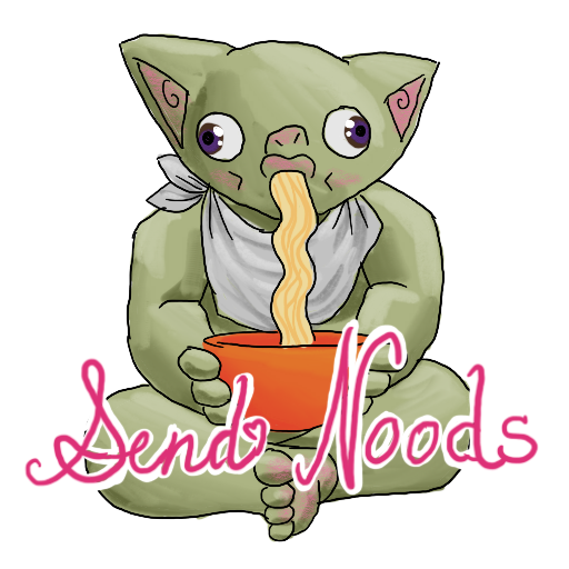 a goblin slurping noodles from a bowl, captioned 'Send Noods'