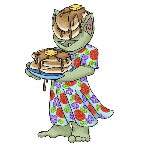 a goblin holding a big stack of pancakes