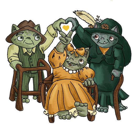 Three goblins with mobility aids making a heart with all their hands