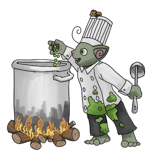 a chef goblin dropping peas into a pot