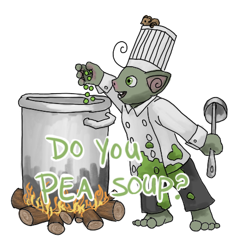 a chef goblin dropping peas into a pot, with 'DO YOU PEA SOUP?' captioned on.