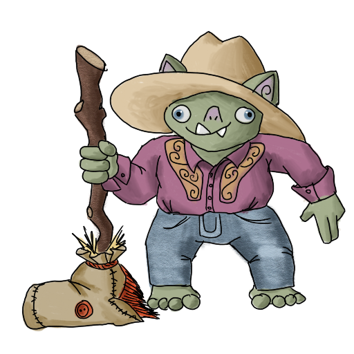 a cowboy goblin with a stick pony