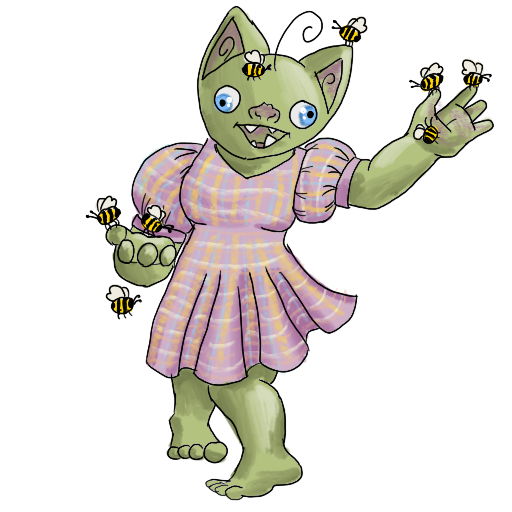 a goblin in a pink dress with hands full of bees