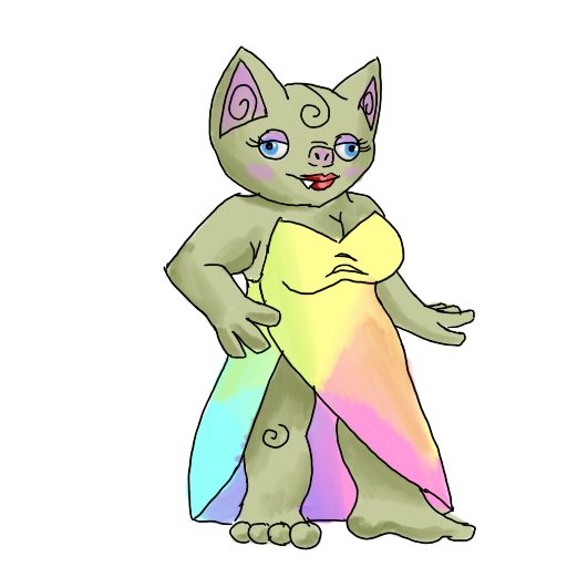 a goblin in a fancy rainbow dress