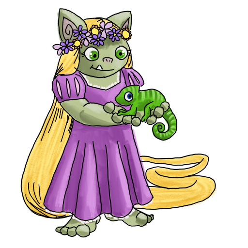 a goblin wearing a purple dress and holding a chameleon