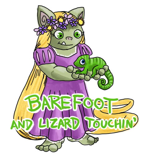 a goblin wearing a purple dress and holding a chameleon, with the phrase 'BAREFOOT AND LIZARD TOUCHIN' captioned on