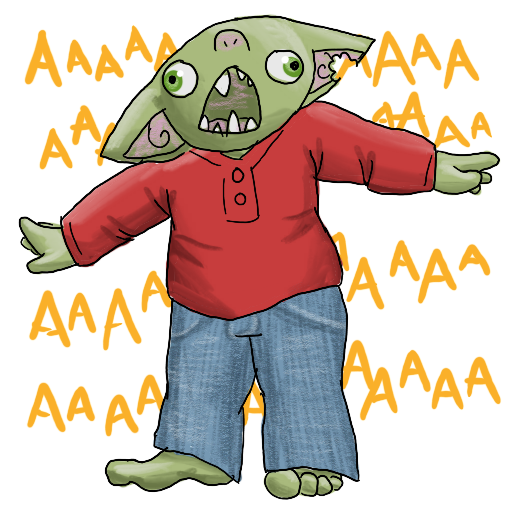 a goblin in a red shirt and jeans, yelling, captioned 'AAAAAAAAAAAAAAAAAAAAAAAAAAAAAAAAAA'