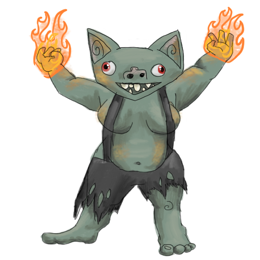 a goblin smiling maniacally and holding up fire in her bare fists