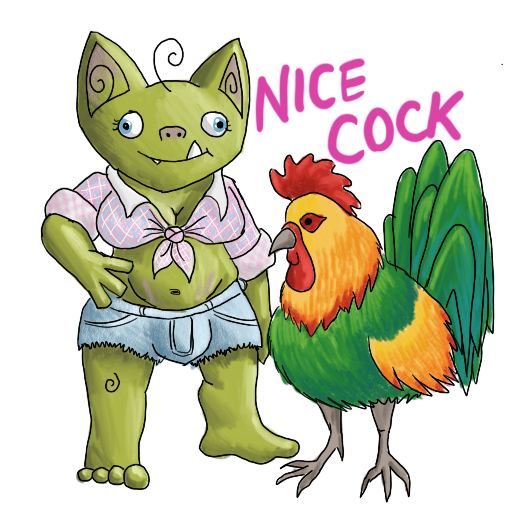 a rooster and a goblin, with 'NICE COCK' captioned on.