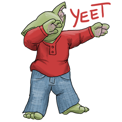 a goblin in a red shirt and jeans, dabbing, captioned 'Yeet'