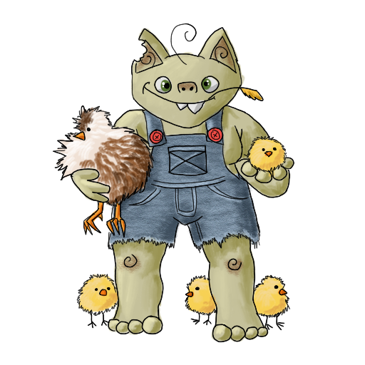 A derpy goblin with a chicken and several chicks