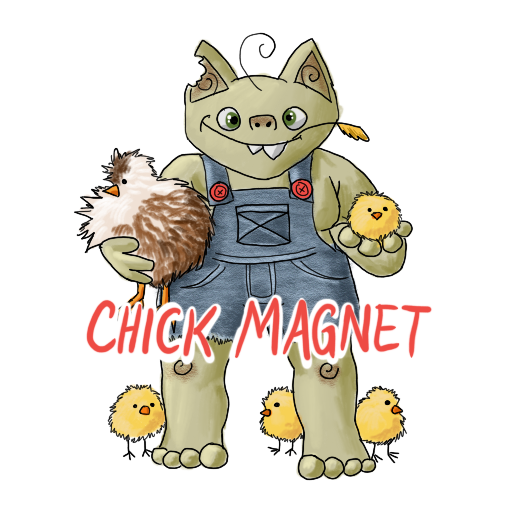 A derpy goblin with a chicken and several chicks, and his catchphrase captioned on.