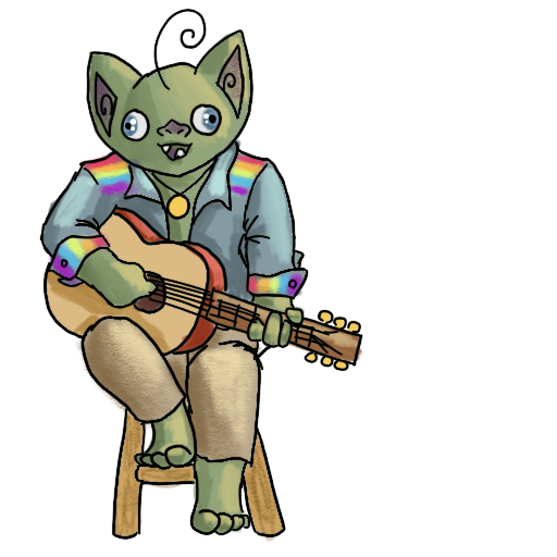 a goblin with a guitar, chilling and strumming.