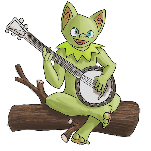 a goblin on a log, playing the banjo left-handed.