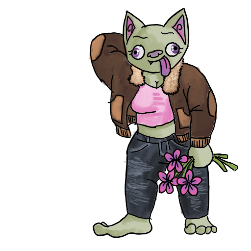 a goblin holding a bouquet, sporting a stupid but happy expression.