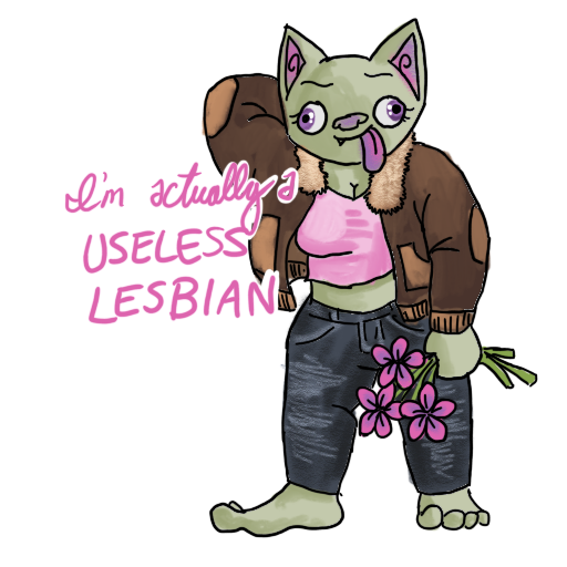 a goblin holding a bouquet, sporting a stupid but happy expression, with her catchphrase captioned on.