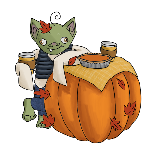 a goblin holding a latte, leaning on a pumpkin.
