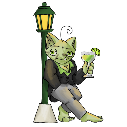 a goblin with a margarita, leaning on a lamp post.