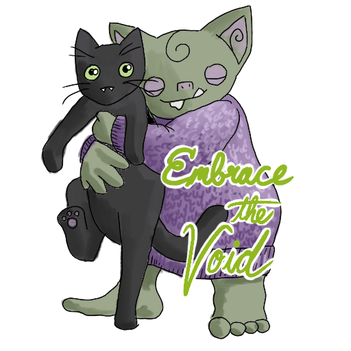 a goblin hugging a black cat, with their catchphrase captioned on.
