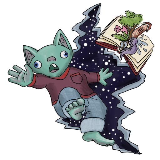 a goblin and a very magical book falling into a starry fissure.