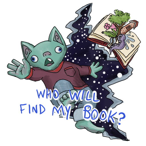 a goblin and a very magical book falling into a starry fissure, with his catchphrase captioned on.