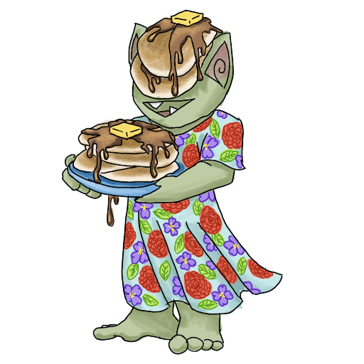 a goblin holding a big stack of pancakes.