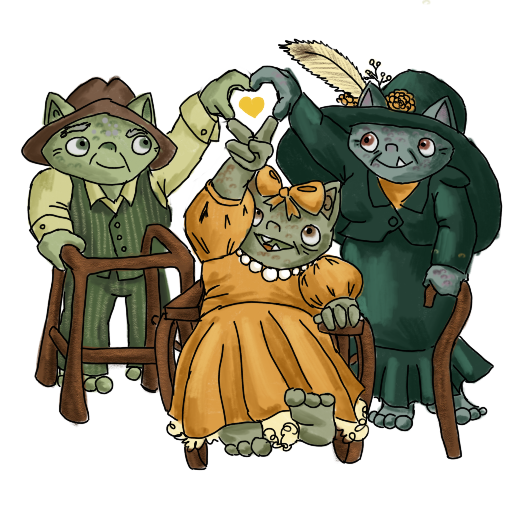 Three goblins with mobility aids making a heart with all their hands.