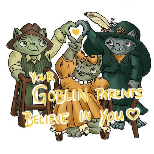 Three goblins with mobility aids making a heart with all their hands; their catchphrase captioned on.