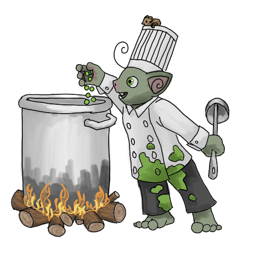 a chef goblin dropping peas into a pot.