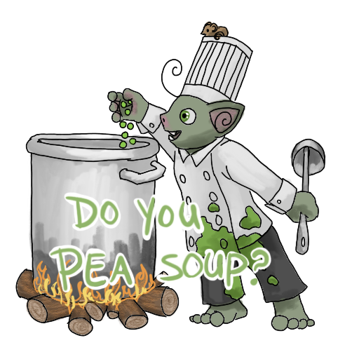 a chef goblin dropping peas into a pot, with his catchphrase captioned on.
