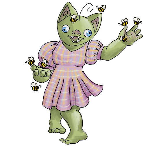 a goblin in a pink dress with hands full of bees.