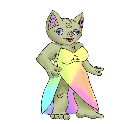 a fancy goblin posing in a rainbow dress