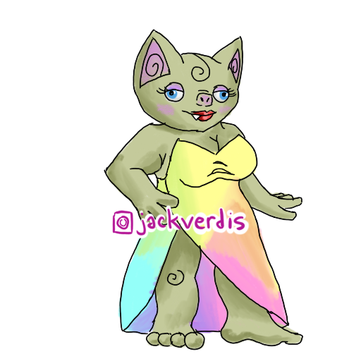 a fancy goblin posing in a rainbow dress, with the creator's instagram handle captioned on.