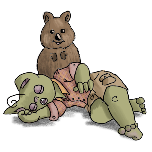a sleepy australian goblin with a quokka